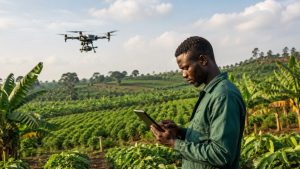 Agriculture de précision au Cameroun : drone survolant des champs et agriculteur consultant des données