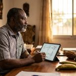 Propriétaire d'agribusiness camerounais concevant un parcours client sur tablette