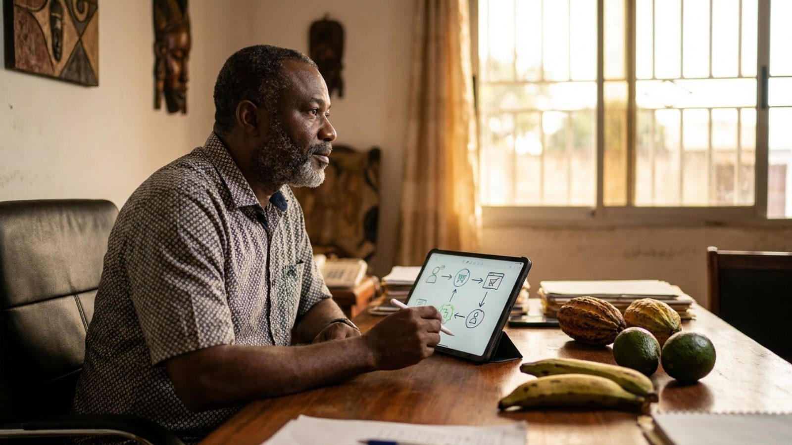 Propriétaire d'agribusiness camerounais concevant un parcours client sur tablette