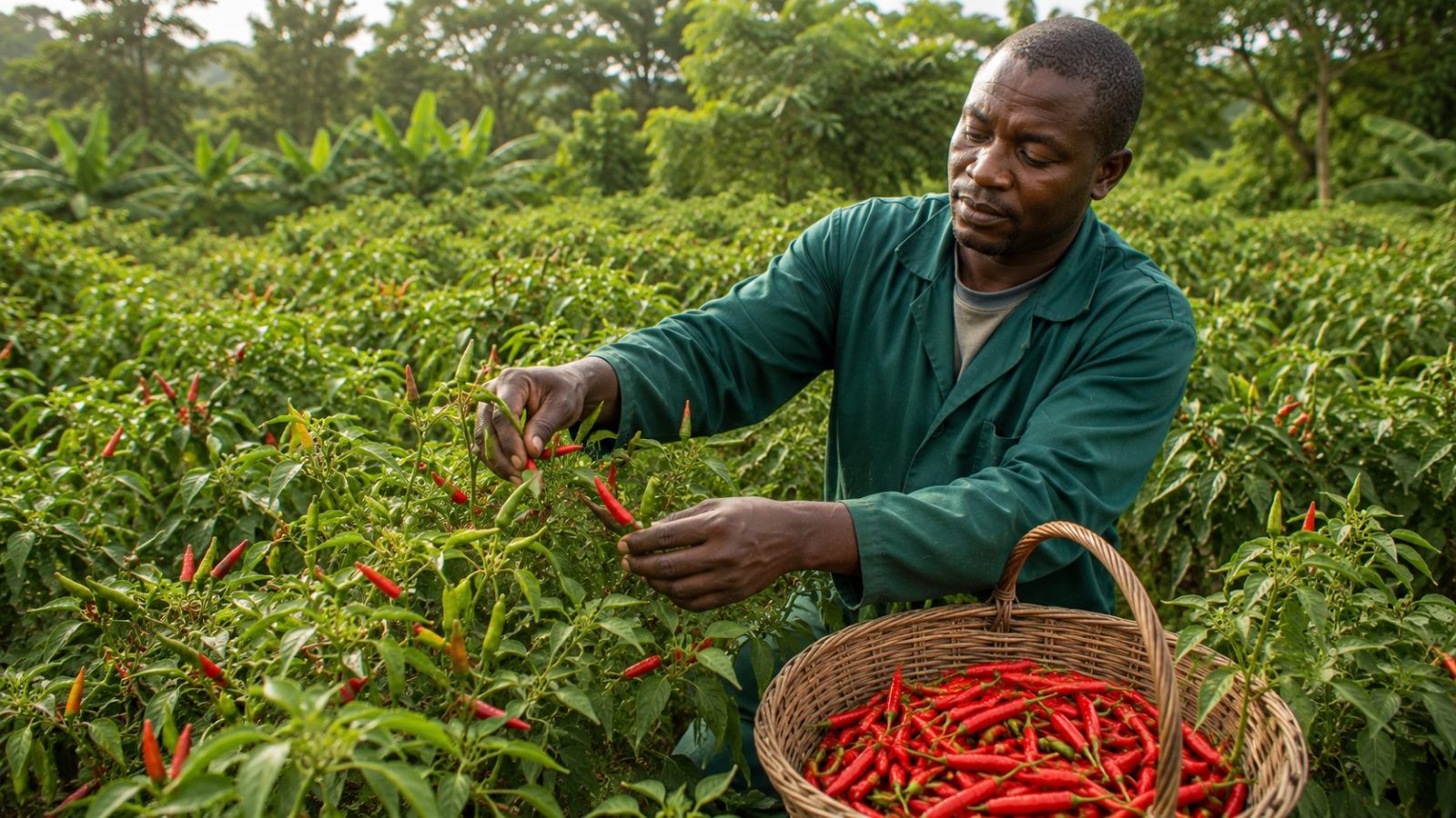 Champ de piment au Cameroun avec récolte
