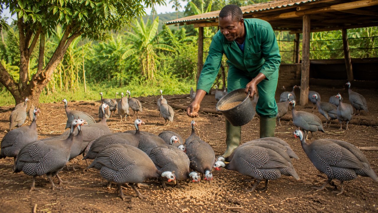 Élevage de pintades en plein air au Cameroun