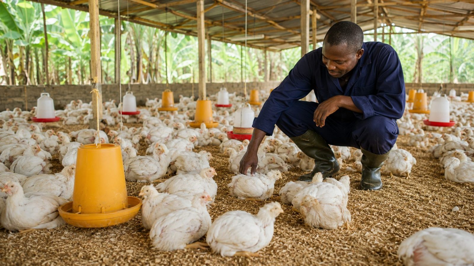 Élevage de poulets de chair dans un poulailler au Cameroun