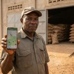Responsable agricole camerounais surveillant son stock en temps réel sur smartphone