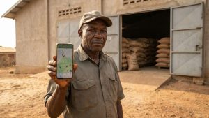 Responsable agricole camerounais surveillant son stock en temps réel sur smartphone