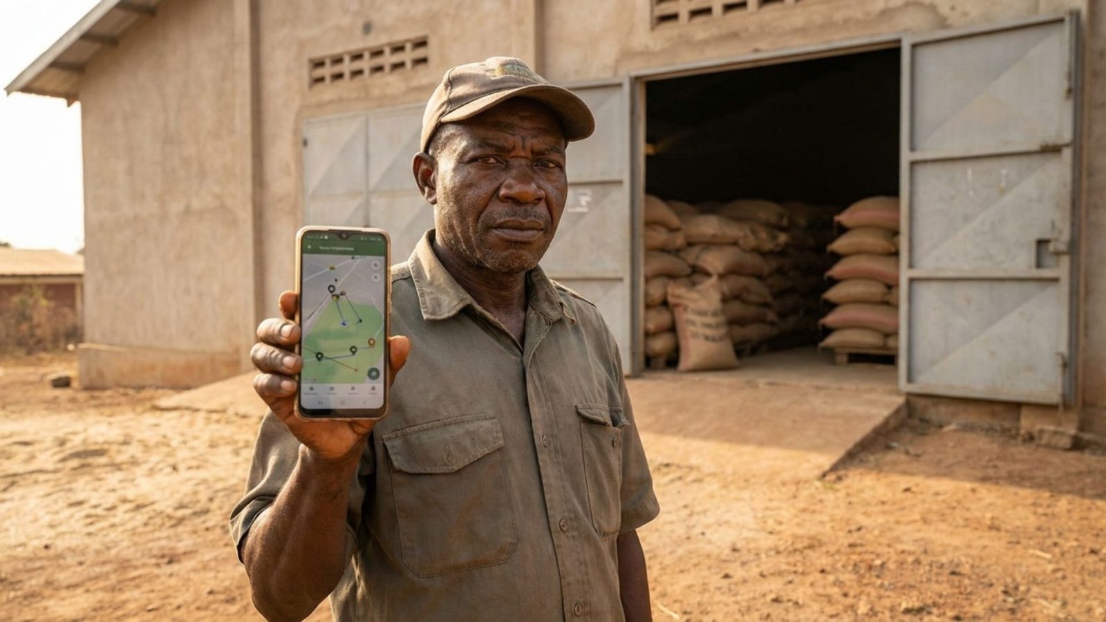 Responsable agricole camerounais surveillant son stock en temps réel sur smartphone