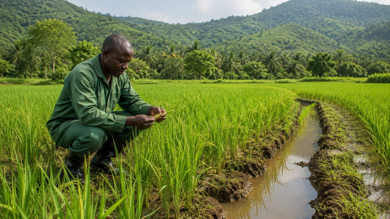 Rizière irriguée au Cameroun avec un agriculteur