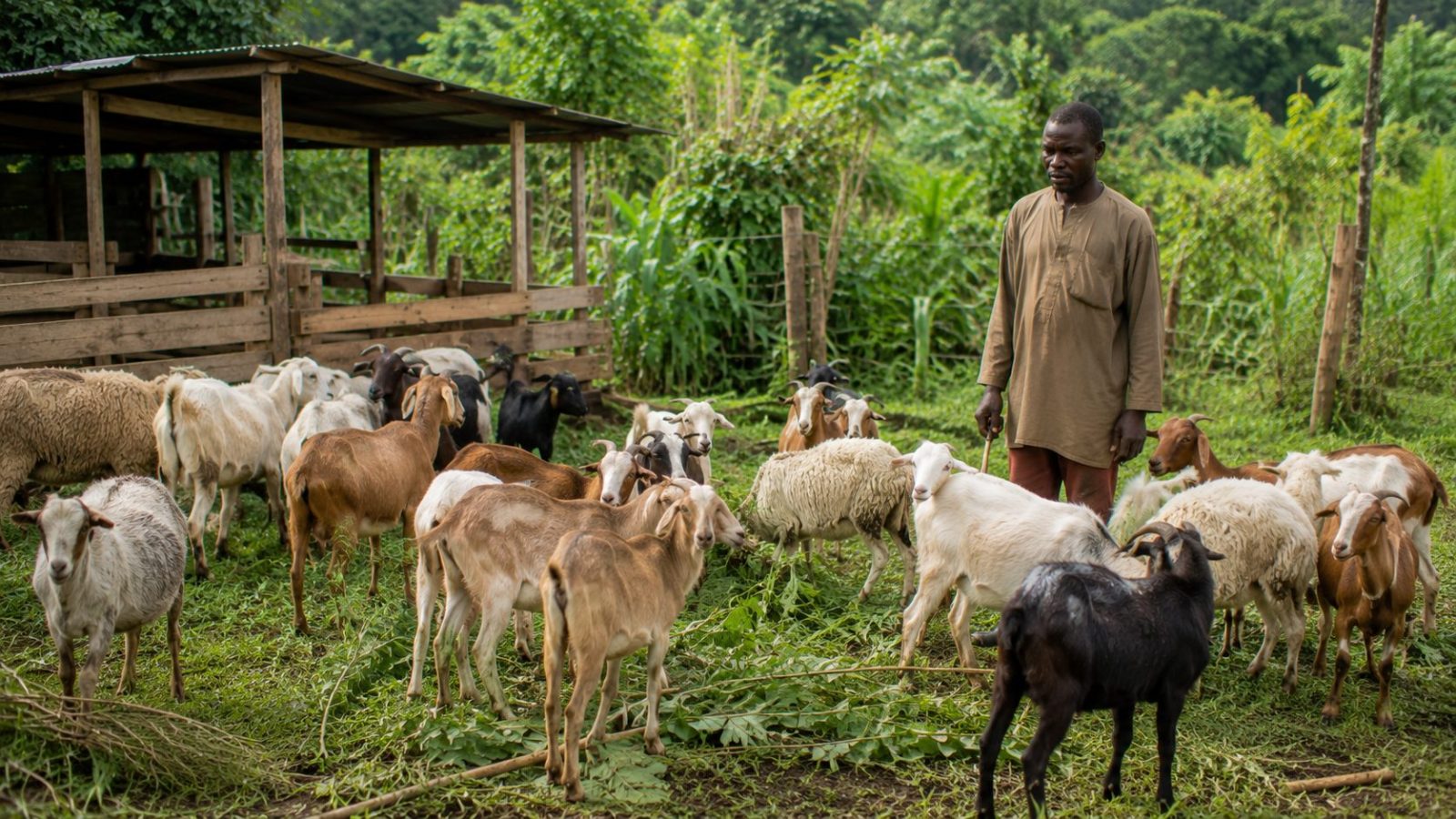 Éleveur avec un troupeau de chèvres et moutons au Cameroun