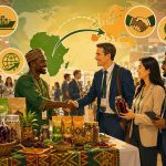 Exposant africain présentant ses produits dans un salon international