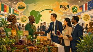Exposant africain présentant ses produits dans un salon international