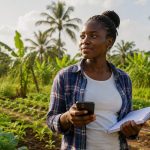Jeune agricultrice débutante au Cameroun planifiant sa première parcelle
