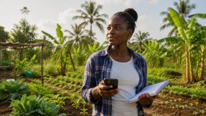 Jeune agricultrice débutante au Cameroun planifiant sa première parcelle