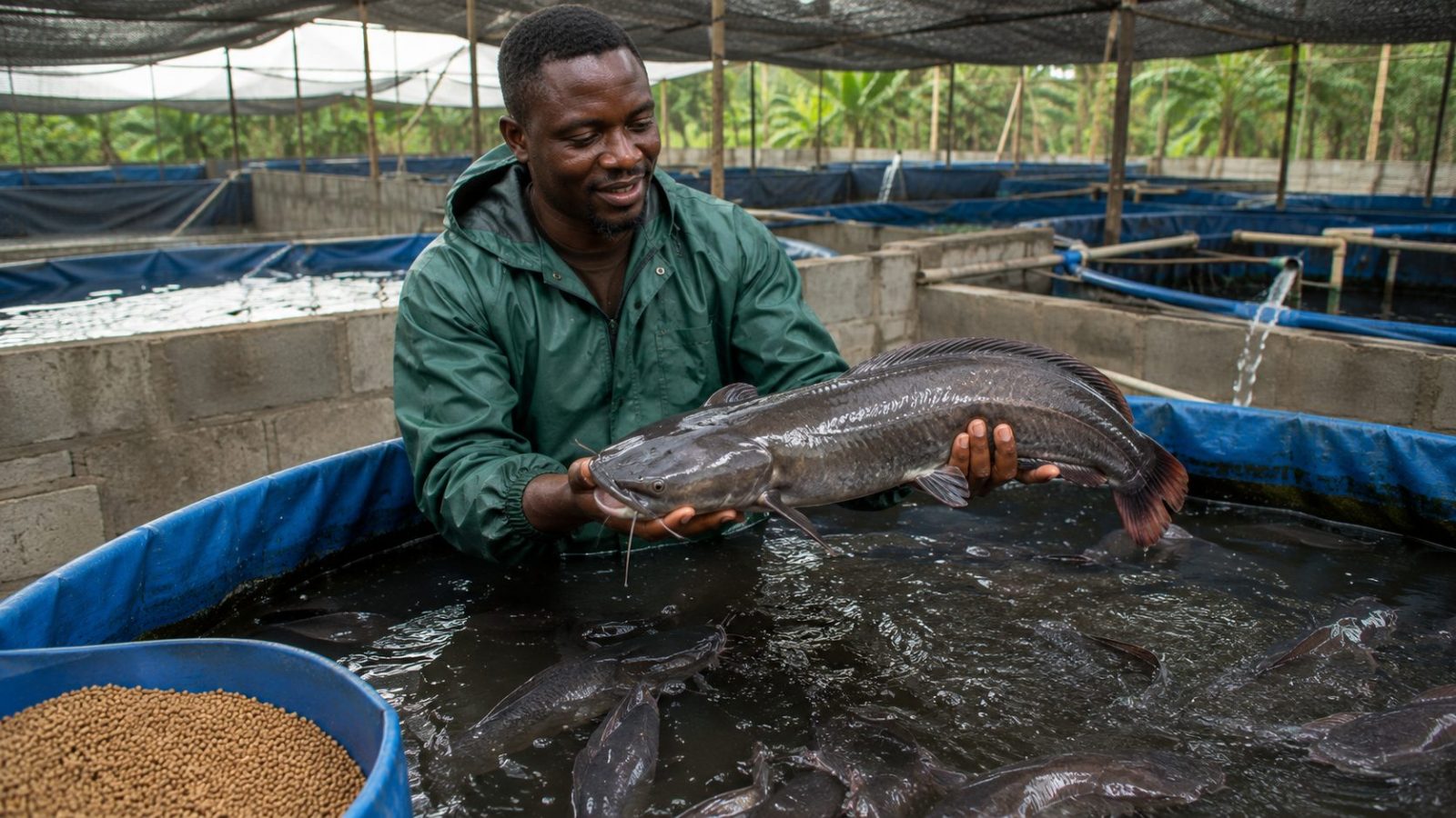 Pisciculteur élevant des silures dans des bassins au Cameroun