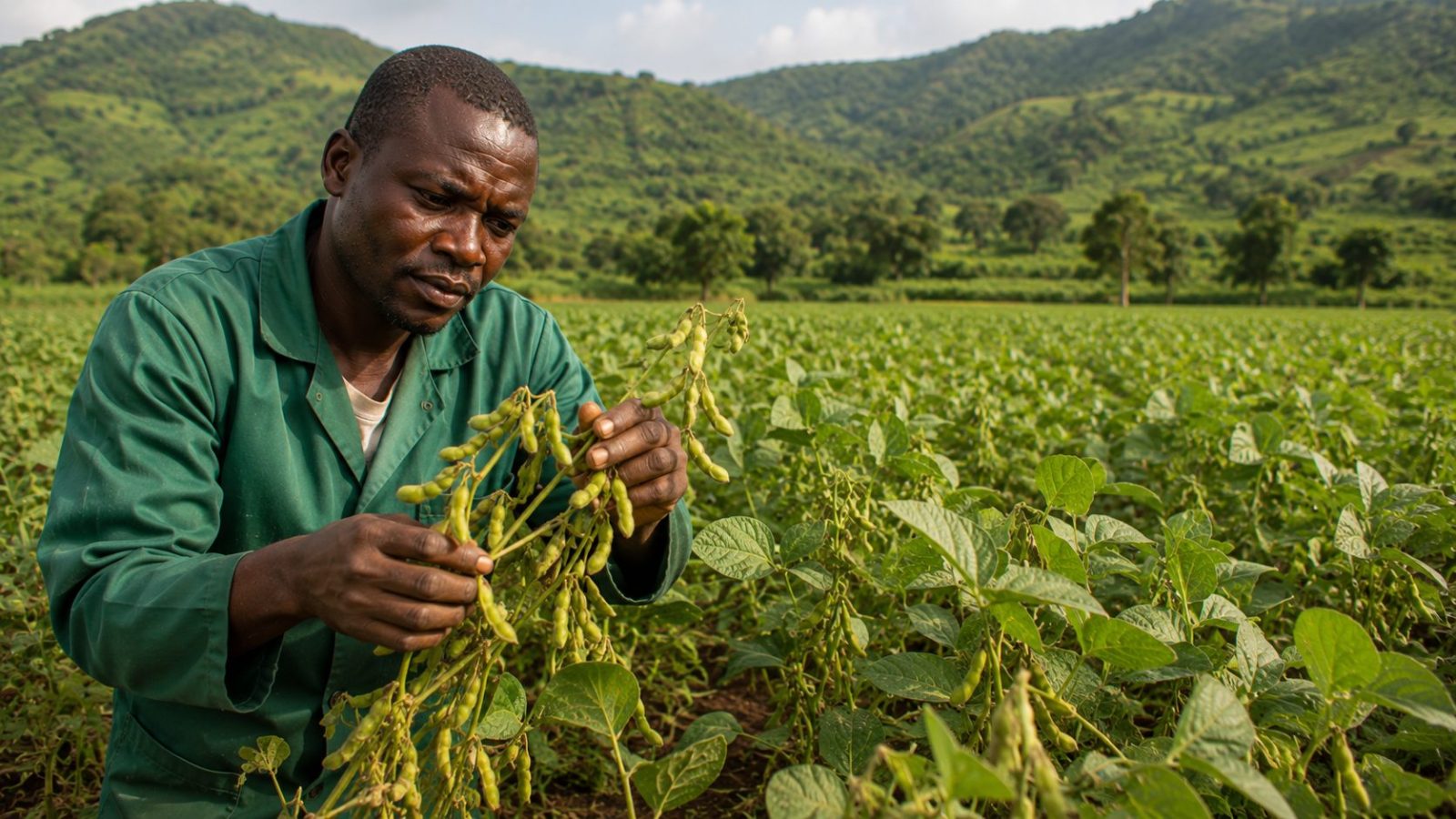 Champ de soja au Cameroun avec un agriculteur
