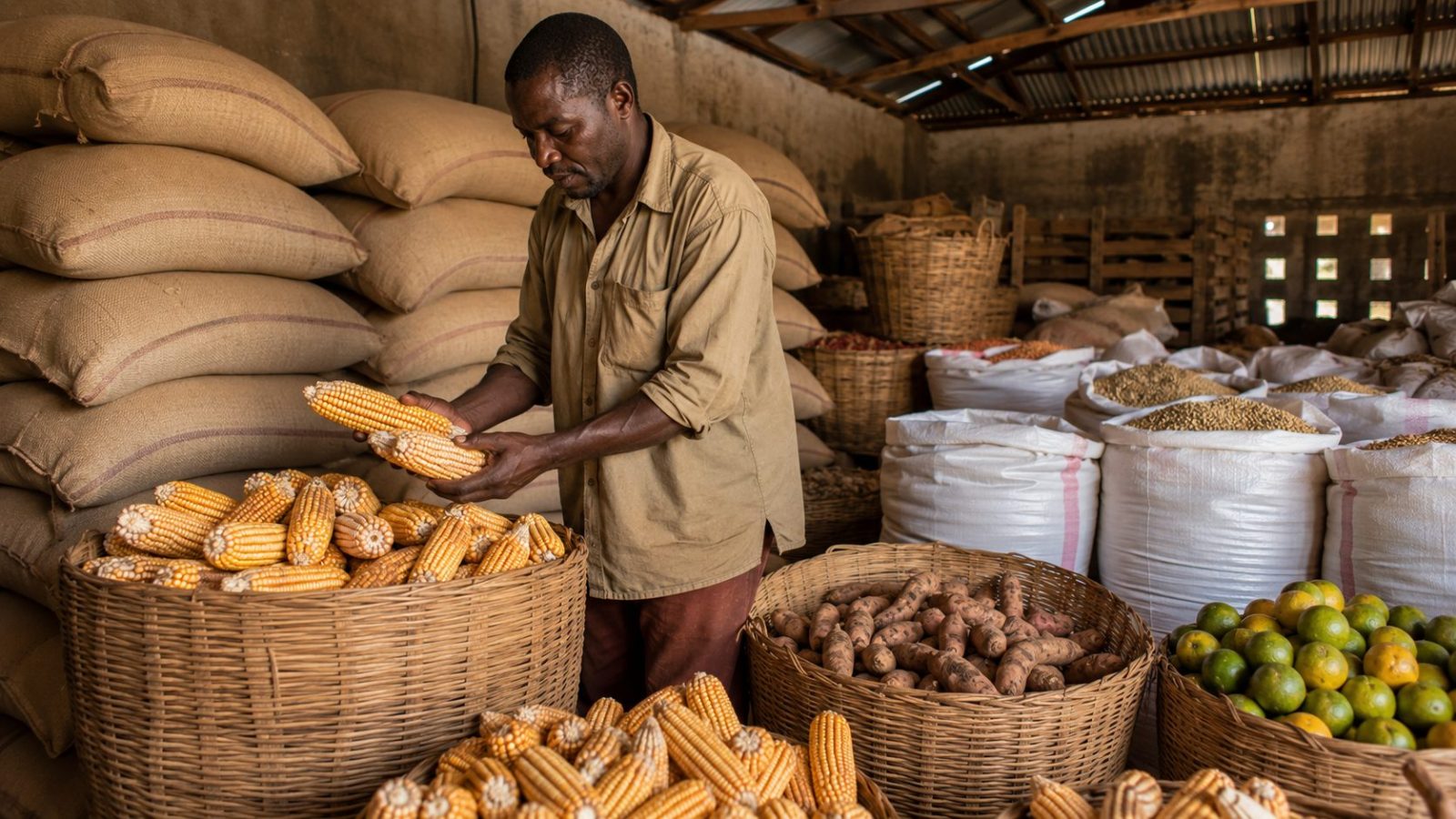 Stockage de récoltes (sacs de céréales) dans un magasin au Cameroun