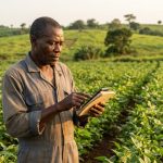 Agriculteur camerounais suivant sa production et ses finances sur son téléphone