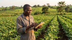 Agriculteur camerounais suivant sa production et ses finances sur son téléphone