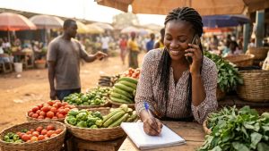 Agripreneur camerounais prenant une commande client au téléphone