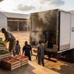 Chargement de produits périssables dans un camion réfrigéré au Cameroun