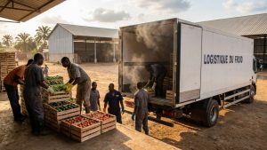 Chargement de produits périssables dans un camion réfrigéré au Cameroun