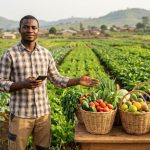 Jeune agriculteur camerounais vendant sa production via plusieurs canaux avec un smartphone