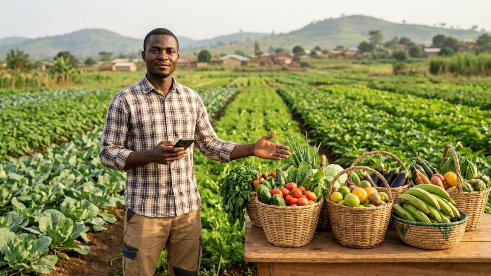 Jeune agriculteur camerounais vendant sa production via plusieurs canaux avec un smartphone