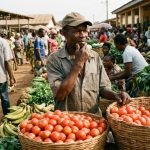 Agriculteur camerounais au marché évaluant le prix de sa récolte