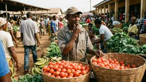 Agriculteur camerounais au marché évaluant le prix de sa récolte