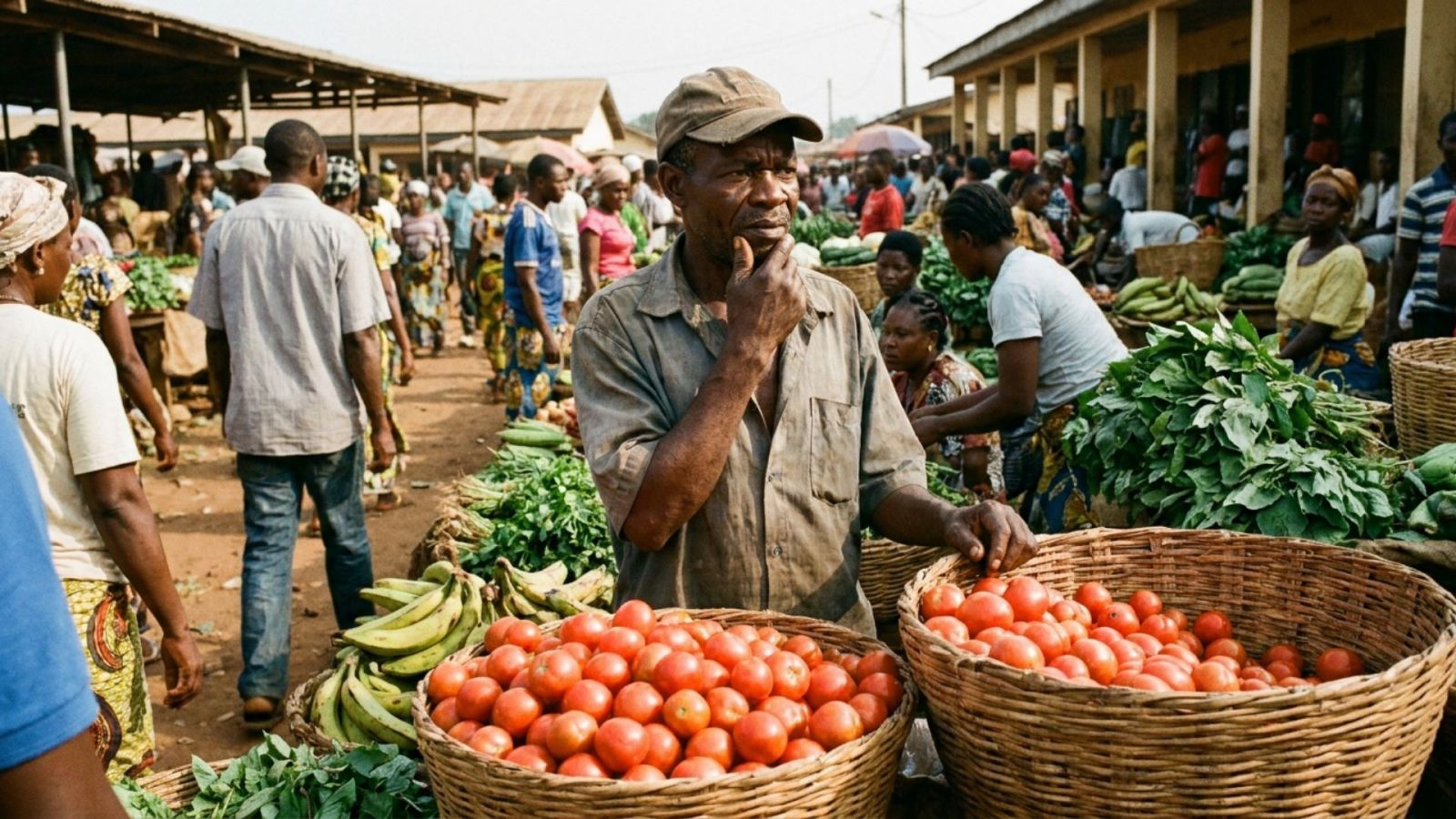 Agriculteur camerounais au marché évaluant le prix de sa récolte