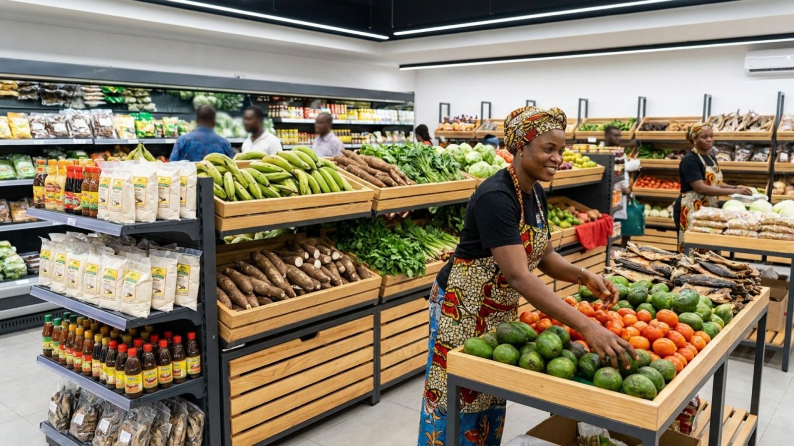 Produits alimentaires locaux camerounais en rayon de supermarché