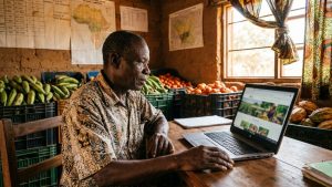 Propriétaire d'agribusiness camerounais consultant sa présence en ligne sur un ordinateur portable