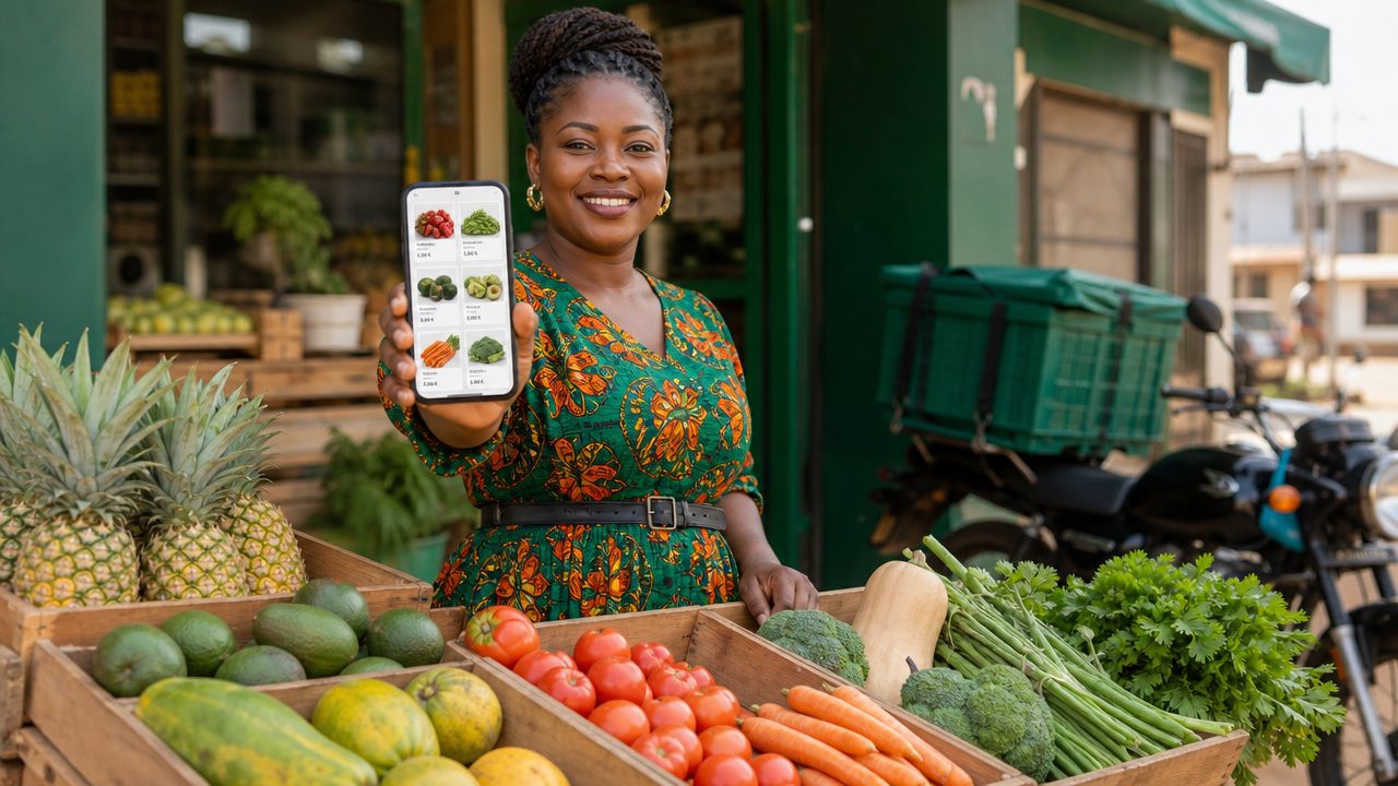 Entrepreneure camerounaise derrière des cagettes de fruits et légumes frais, montrant sa boutique en ligne sur son smartphone