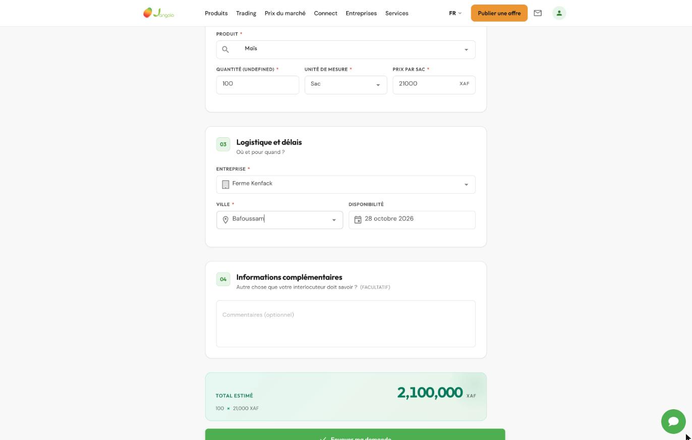 jangolo-trading-03-quantite-prix-ville Trading B2B on Jangolo: how to post a wholesale sale offer or purchase request (2026 guide)